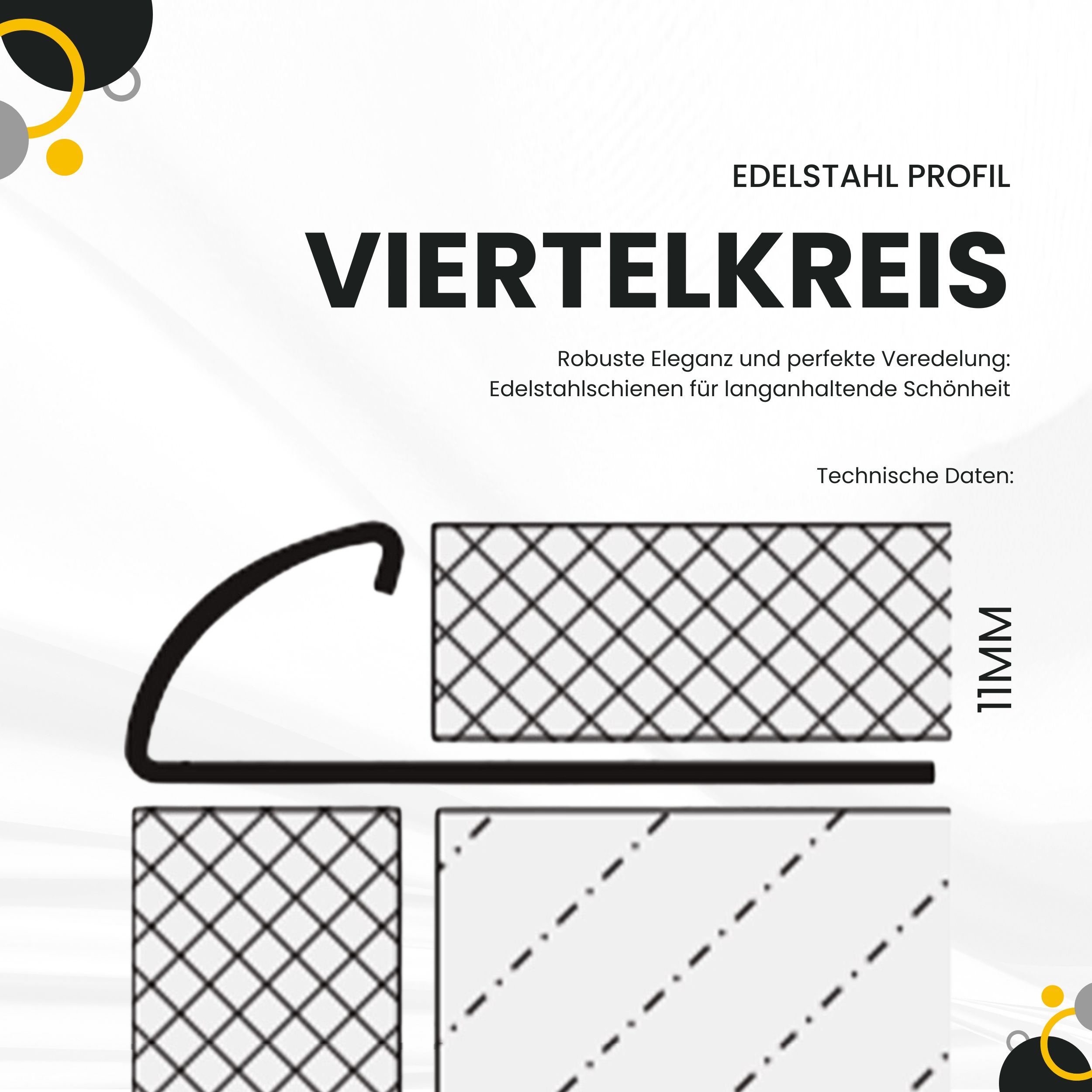 Viertelkreis Edelstahlschiene Profil Fliesenschiene Edelstahl V2A L250cm 11mm gebürstet Viertelkreis Inneneck Vollmaterial Edelstahl V2A 11mm gebürstet