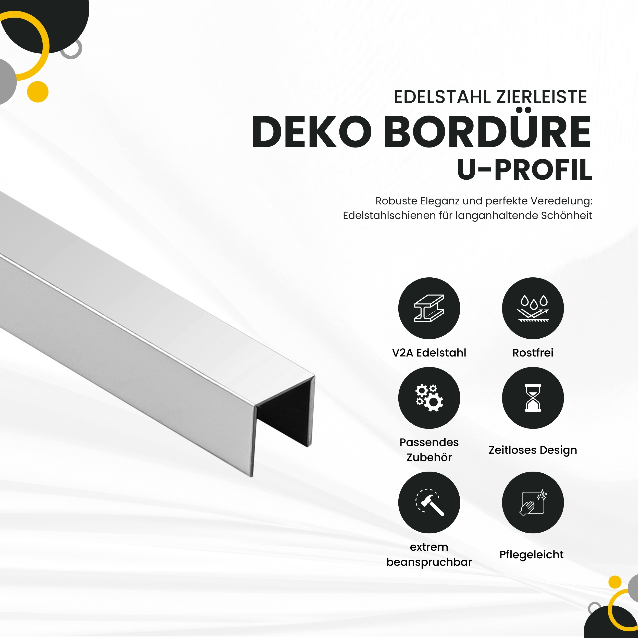 Deko Bordüre U-Profil Zierleiste Fliesenschiene Edelstahl V2A L250cm 10mm silber glänzend